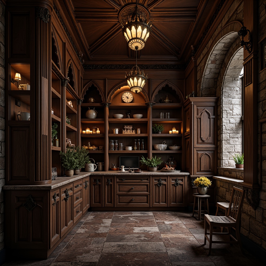 Prompt: Dark, mysterious pantry, Gothic-style cabinetry, ornate wood carvings, pointed arches, ribbed vaults, intricate tracery, rich walnut finishes, bronze hardware, medieval-inspired designs, grandiose chandeliers, warm candlelight, rustic stone walls, arched windows, subtle shadows, 1/1 composition, dramatic lighting, high-contrast textures, atmospheric rendering.