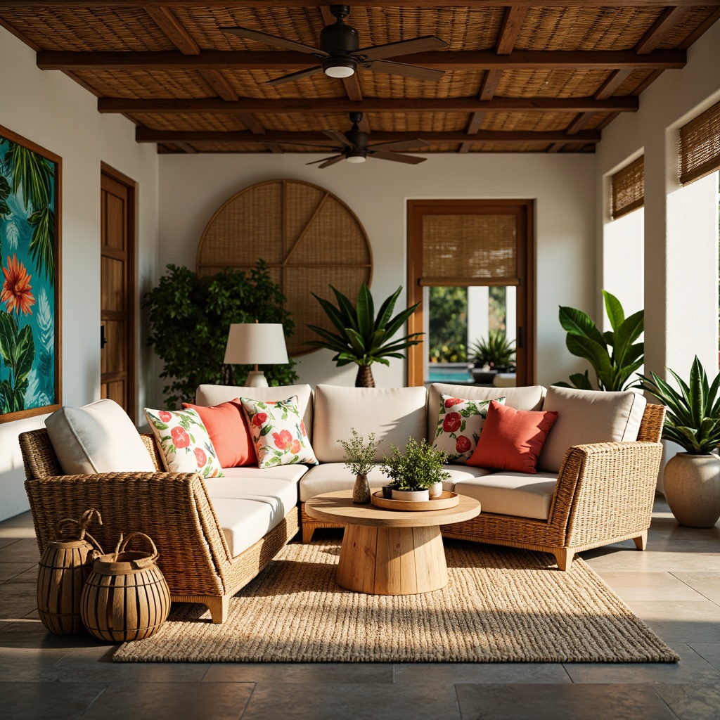 Prompt: Woven wicker furniture, plush tropical-printed cushions, exotic wooden accents, lush greenery, vibrant floral arrangements, natural fiber rugs, rattan ceiling fans, bamboo wall coverings, reclaimed wood flooring, coastal-inspired color palette, bright coral hues, soft turquoise shades, creamy white textures, warm golden lighting, shallow depth of field, 1/1 composition, intimate atmosphere, realistic renderings, ambient occlusion.