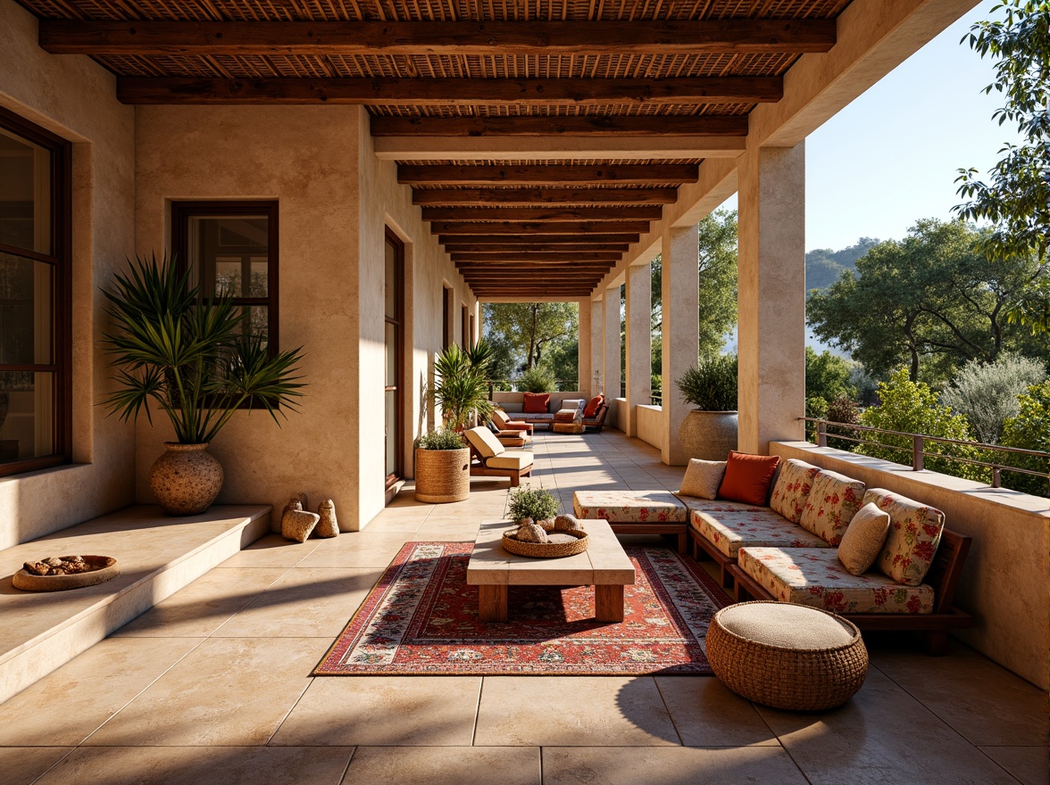 Prompt: Warm Mediterranean villa, rustic stone walls, terracotta roofs, lush greenery, vibrant colorful textiles, intricate geometric motifs, ornate ceramic tiles, natural fiber fabrics, woven baskets, distressed wood furniture, plush cushions, soft warm lighting, shallow depth of field, 3/4 composition, panoramic view, realistic textures, ambient occlusion.