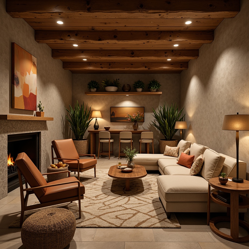 Prompt: Cozy basement retreat, warm earthy tones, plush area rugs, comfortable sectionals, oversized pillows, soft velvety fabrics, wooden accent walls, rustic coffee tables, vintage metal lamps, natural stone fireplaces, ambient warm lighting, rich leather armchairs, woven baskets, greenery plants, abstract artwork, geometric patterns, warm beige colors, inviting atmosphere, relaxing ambiance.