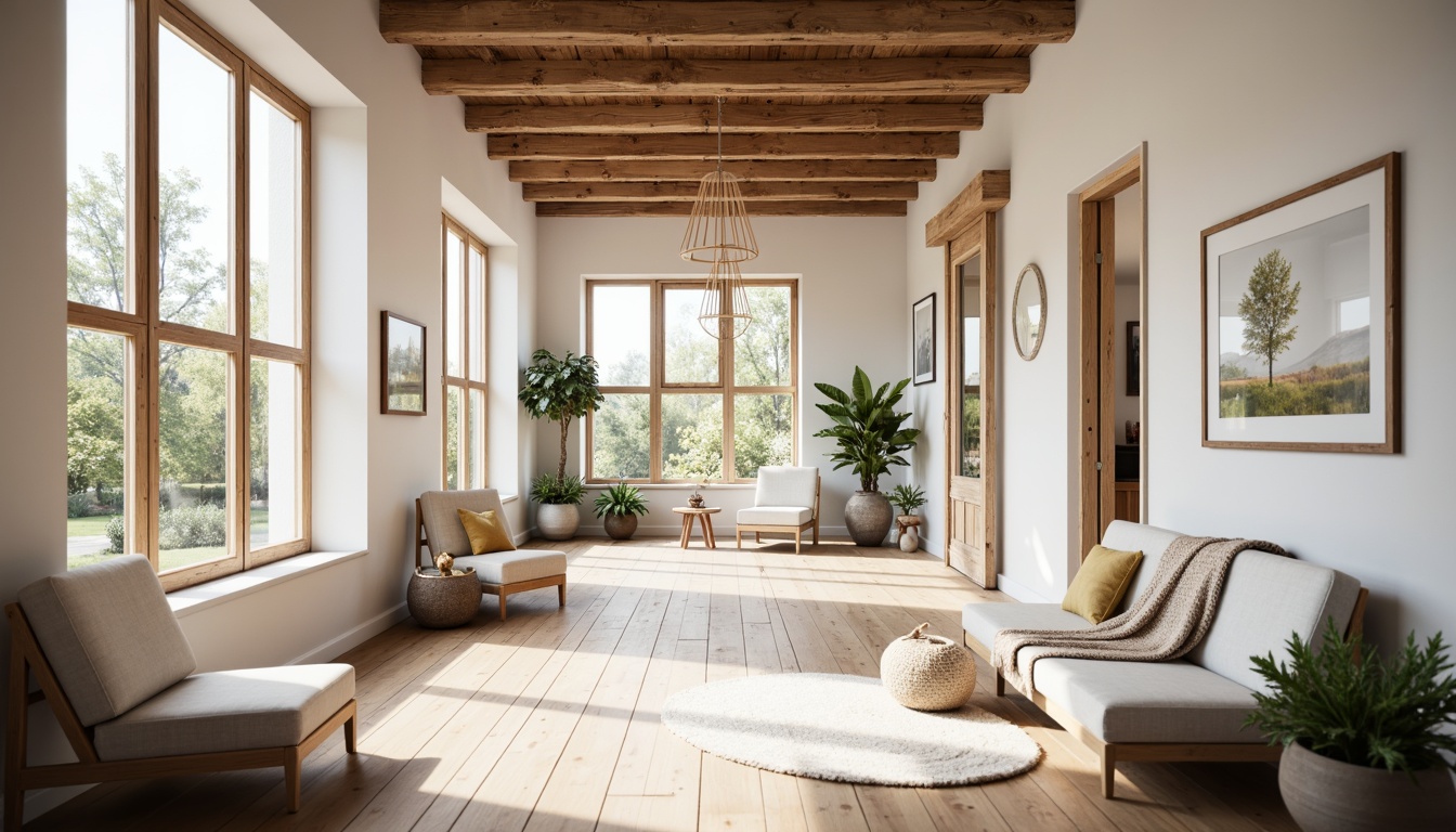 Prompt: Light-filled Scandinavian hall, minimalistic decor, white walls, wooden floors, floor-to-ceiling windows, sliding glass doors, natural light pouring in, soft warm atmosphere, cozy reading nooks, plush throw blankets, greenery plants, Nordic-inspired furniture, minimalist chandeliers, rustic wooden beams, neutral color palette, organic textures, shallow depth of field, 1/1 composition, soft focus, warm color grading.