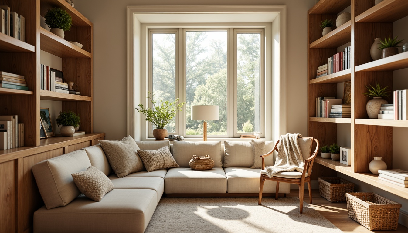 Prompt: Cozy reading nook, warm earthy tones, rich wood accents, plush throw blankets, soft cushions, calming pastel hues, gentle natural light, comfortable seating area, vintage decorative items, rustic wooden shelves, woven baskets, peaceful ambiance, serene atmosphere, warm beige walls, creamy white trim, subtle texture contrasts, inviting color scheme, relaxing mood, intimate setting, soft focus, shallow depth of field.