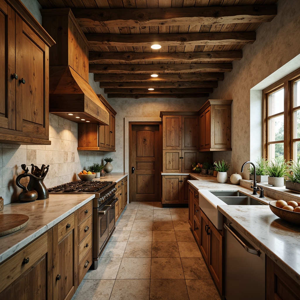 Prompt: Rustic kitchen, distressed wooden cabinetry, ornate metal hardware, earthy color palette, vintage-inspired appliances, bronze faucets, ceramic cooktops, farmhouse sinks, pendant lighting, natural stone countertops, warm neutral tones, classic architectural details, soft warm lighting, shallow depth of field, 1/1 composition, realistic textures.