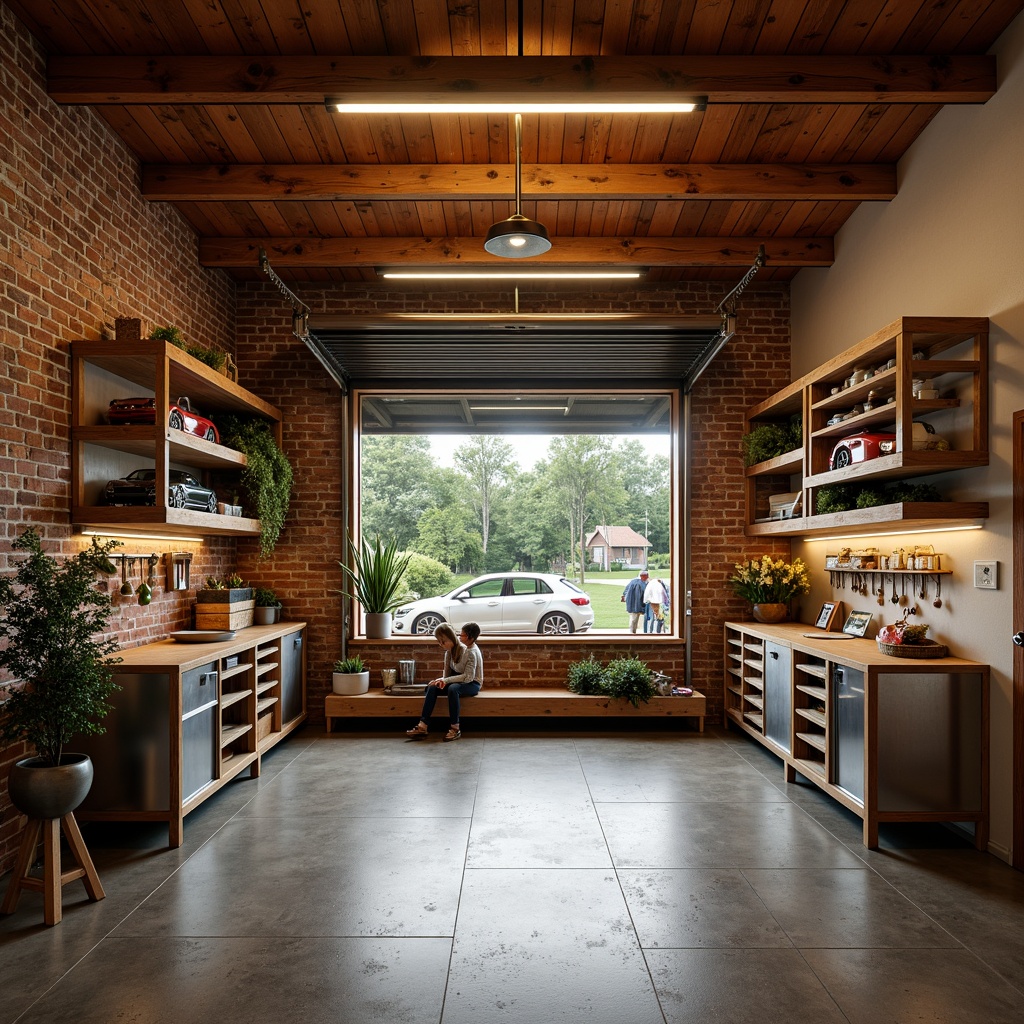 Prompt: Cozy family garage, warm wooden tones, organized tool storage, sleek metal workbenches, vintage car displays, rustic brick walls, natural stone flooring, soft overhead lighting, shallow depth of field, 3/4 composition, panoramic view, realistic textures, ambient occlusion.