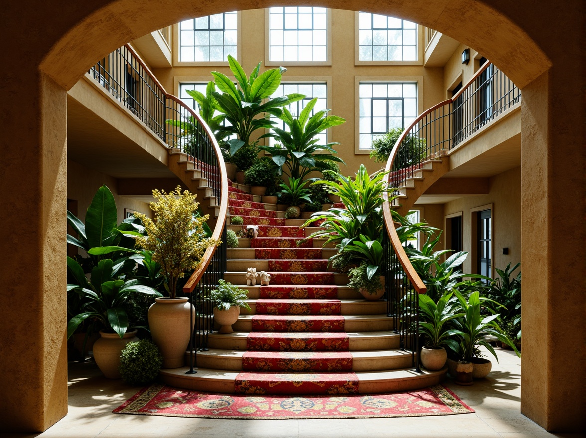 Prompt: Tropical staircase, ornate balustrades, polished wooden handrails, curved metal banisters, lush greenery, exotic flowers, natural stone steps, warm beige walls, high ceilings, large windows, soft diffused lighting, 3/4 composition, shallow depth of field, vibrant colorful textiles, intricate geometric motifs.