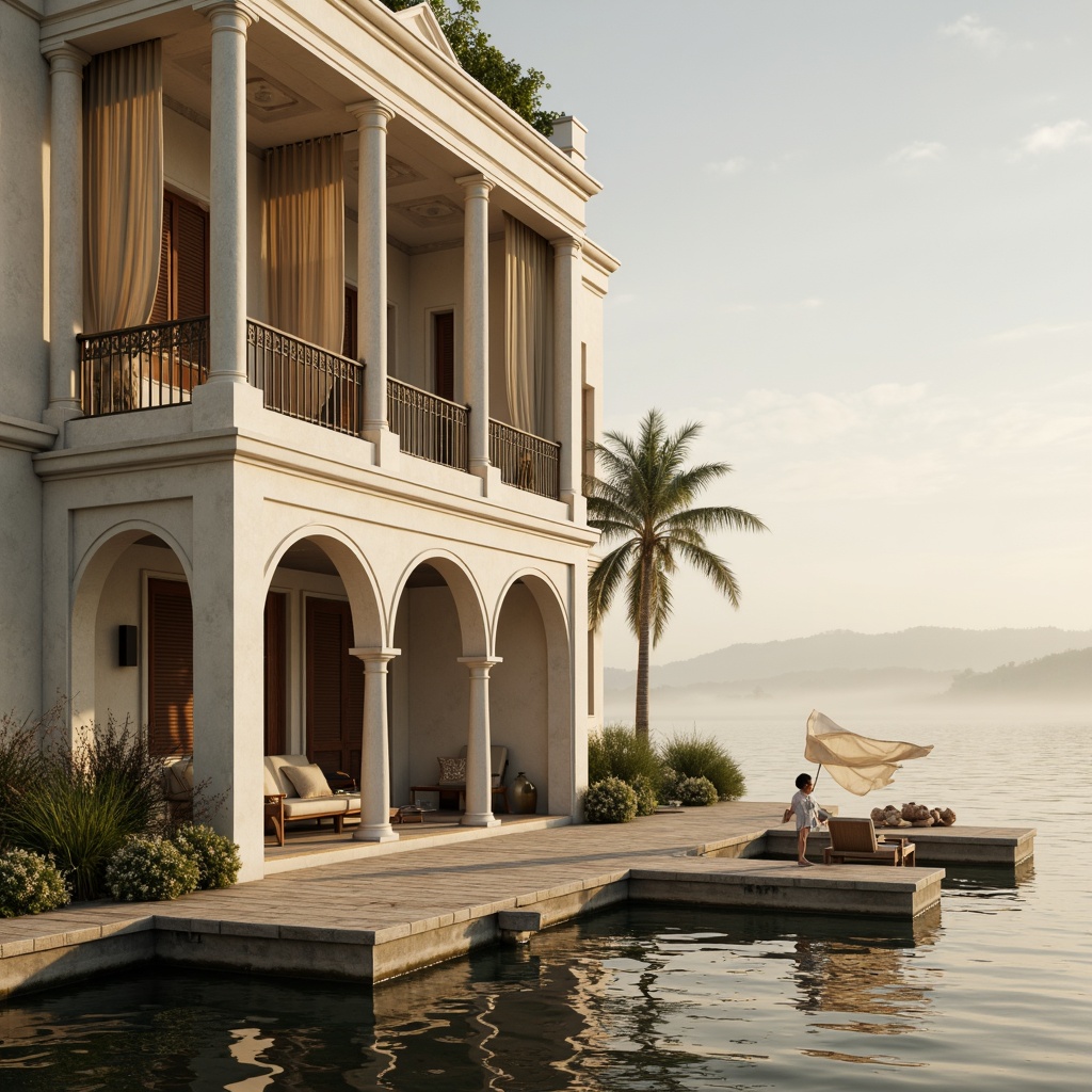 Prompt: Elegant boathouse, neoclassical facade, white columns, wooden docks, tranquil lake views, soft misty morning, warm golden lighting, sheer drapery, flowing silk fabrics, ornate wooden shutters, classic pediments, subtle molding details, refined linen textures, natural woven fibers, billowy curtain folds, gentle water reflections, serene atmosphere, shallow depth of field, 1/2 composition, realistic wood grains.