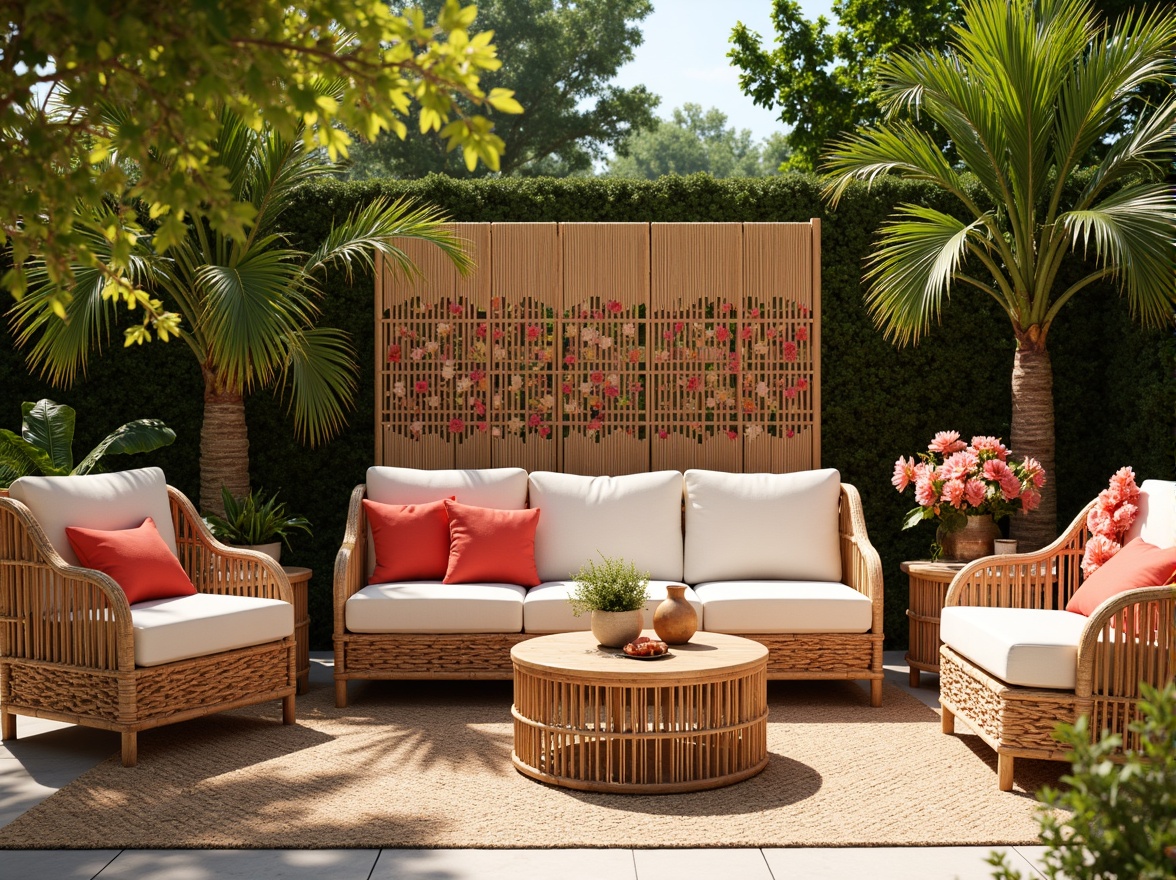 Prompt: Woven wicker furniture, exotic wooden accents, lush green palm trees, vibrant floral arrangements, colorful tassel details, natural fiber textiles, rattan decorative screens, tropical leaf patterns, bright coral hues, creamy ivory tones, warm golden lighting, shallow depth of field, 1/1 composition, realistic textures, ambient occlusion.