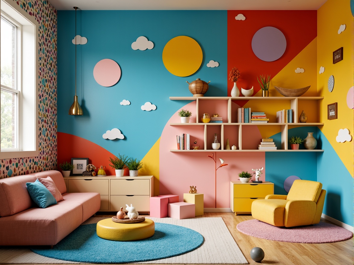 Prompt: Vibrant playroom, bold color-blocking walls, whimsical furniture, plush area rugs, soft carpet flooring, playful polka-dot patterns, fun geometric shapes, bright accent lights, lively wallpaper borders, modern minimalist shelving, eclectic decorative accents, sturdy wooden flooring, durable laminate options, easy-to-clean surfaces, anti-slip coatings, comfortable seating nooks, cozy reading corners, natural fiber textiles, warm earthy tones, soft pastel hues, futuristic glow-in-the-dark effects, 3D graphic patterns, abstract artistic expressions.