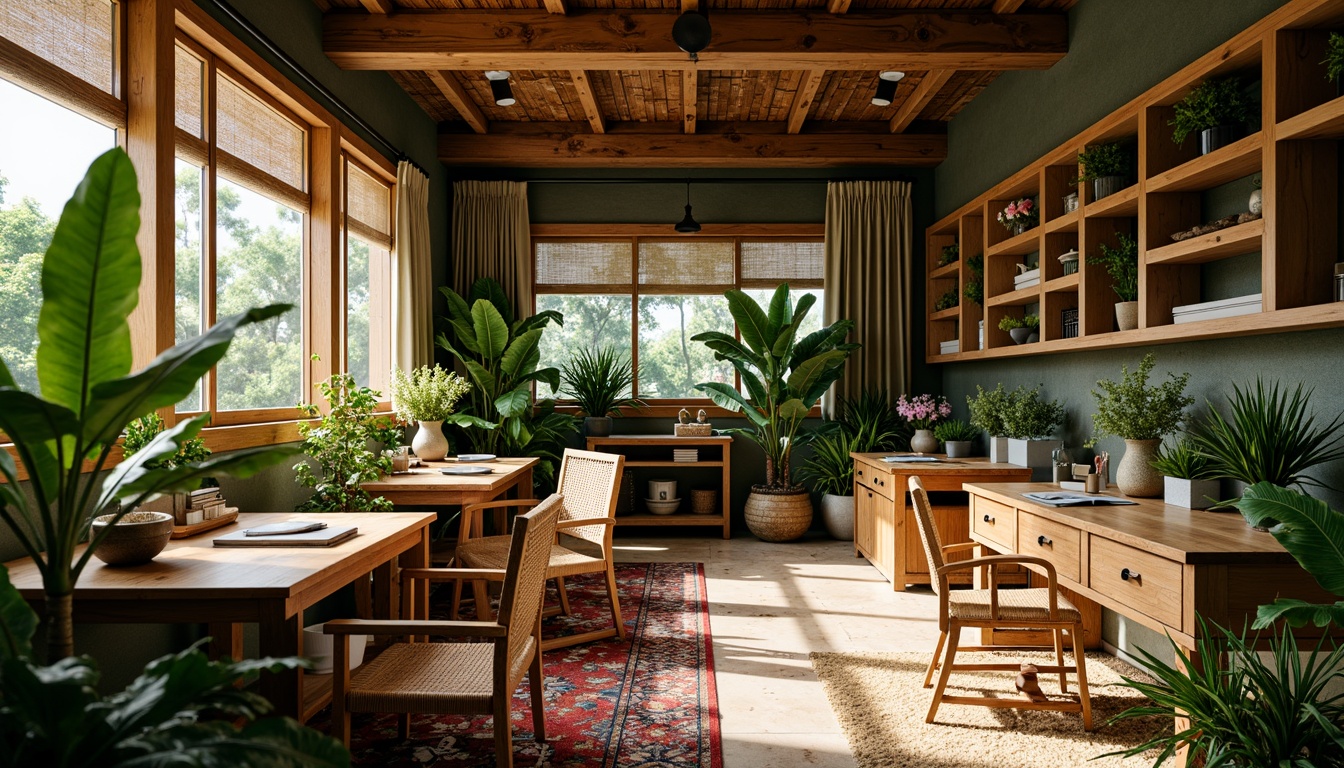 Prompt: Tropical home office, natural wood desks, woven rattan chairs, lush greenery, potted palm trees, vibrant floral arrangements, colorful textile upholstery, rustic wooden shelves, reclaimed wood accents, bamboo flooring, natural fiber rugs, warm ambient lighting, soft diffused light, shallow depth of field, 1/1 composition, realistic textures, atmospheric perspective.