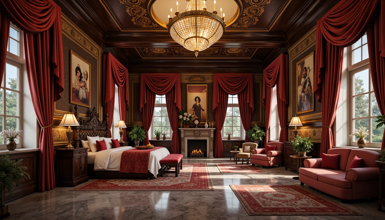 Prompt: Luxurious velvet drapes, intricately carved wooden furniture, ornate golden chandeliers, lavish marble floors, richly patterned rugs, opulent crystal decorations, exquisite antique vases, heavily draped curtains, majestic four-poster beds, regal throne-like chairs, intricately designed mirrors, subtle warm lighting, shallow depth of field, 1/2 composition, realistic textures, ambient occlusion.