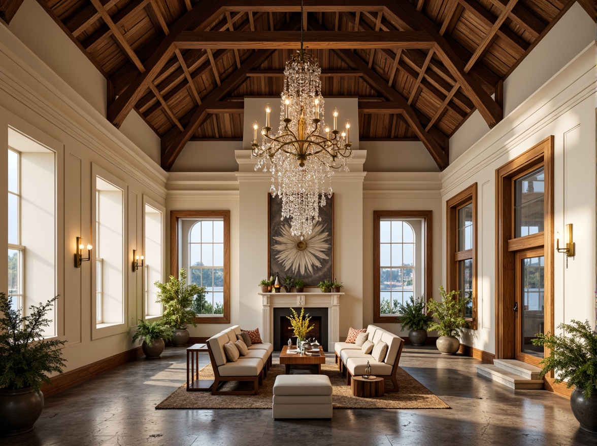 Prompt: Elegant boathouse interior, neoclassical ceiling design, ornate moldings, cream-colored walls, dark wood accents, crystal chandeliers, vaulted ceilings, exposed wooden beams, natural stone floors, plush furniture, rich textiles, subtle nautical theme, warm golden lighting, soft shadows, 1/2 composition, realistic rendering, detailed architectural elements.