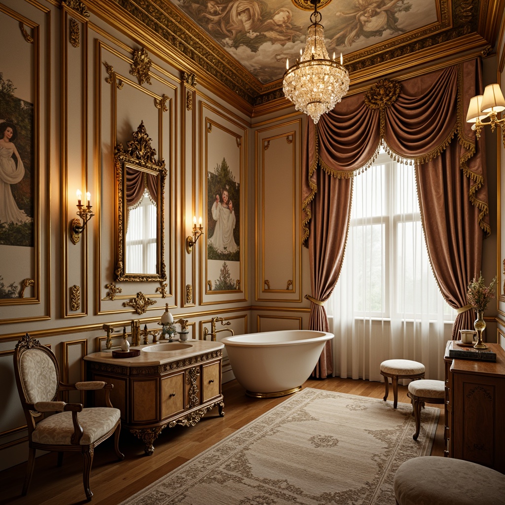 Prompt: Richly ornate powder room, lavish golden accents, soft creamy whites, deep jewel-toned velvets, luxurious silk fabrics, intricate baroque patterns, ornate mirrors, gilded frames, crystal chandeliers, warm candlelight, subtle sheen, opulent textures, Rococo-inspired furnishings, delicate lace details, powdered wig stands, antique furniture pieces, lavish drapery, ornate ceiling murals, soft warm lighting, shallow depth of field, 1/1 composition.