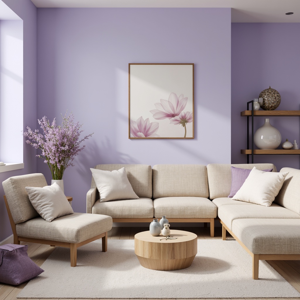 Prompt: Soft lavender blue walls, warm beige furniture, subtle purple accents, delicate glass vases, elegant ceramic decor, natural stone flooring, creamy white textiles, pastel-colored artwork, gentle morning light, soft focus, shallow depth of field, 1/2 composition, intimate atmosphere, realistic rendering.