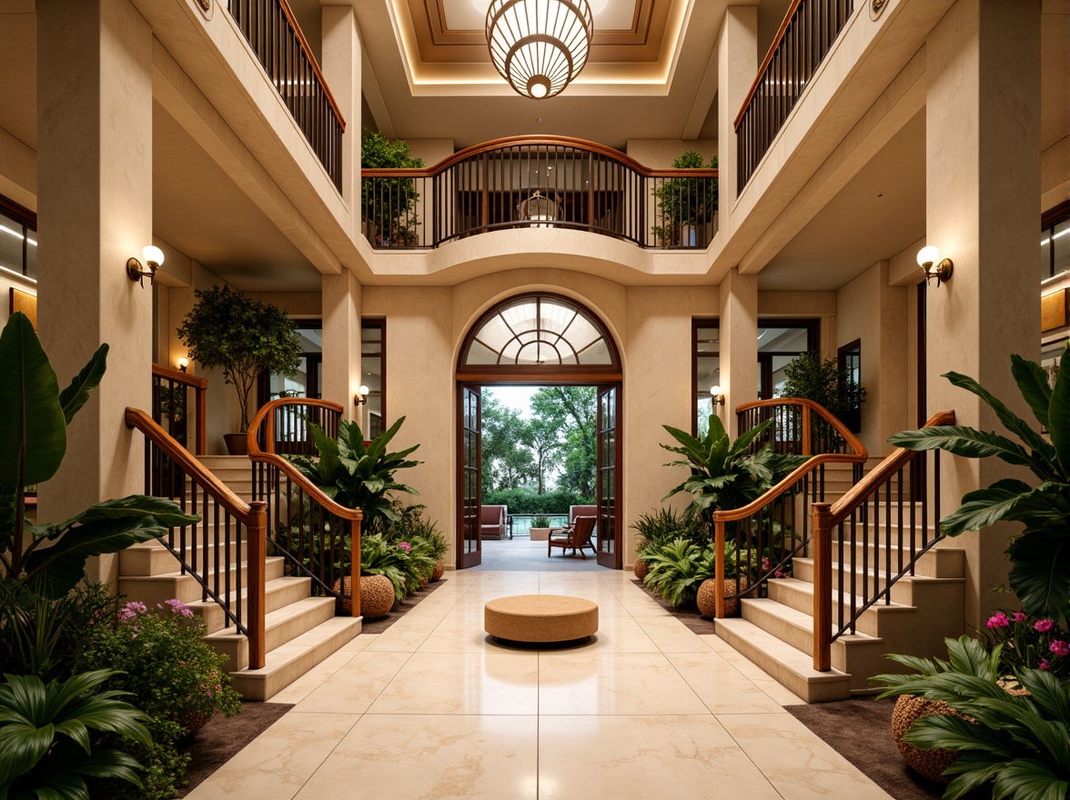 Prompt: Richly polished wooden handrails, ornate metal balusters, lush greenery, exotic flower arrangements, warm beige stone walls, soft cream-colored marble floors, elegant curved lines, luxurious velvet upholstery, golden accents, dramatic ceiling heights, grand entranceways, natural fiber textiles, woven rattan furniture, tropical leaf patterns, ambient warm lighting, shallow depth of field, 3/4 composition, realistic textures.