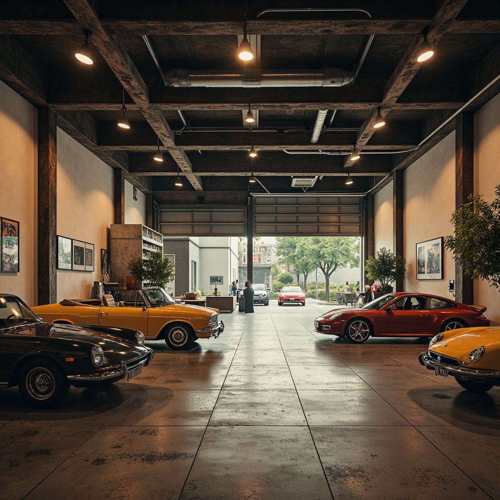 Prompt: Retro-style garage, mid-century modern architecture, sleek metal doors, polished concrete floors, minimalist decor, industrial lighting fixtures, reclaimed wood accents, vintage car displays, nostalgic color palette, warm softbox lighting, shallow depth of field, 2/3 composition, atmospheric fog effects, realistic rusty textures, detailed mechanical components.