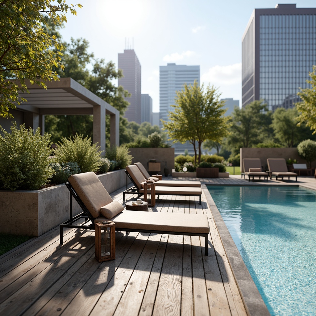 Prompt: Rustic pool deck, reclaimed wood planks, metal frame loungers, distressed leather cushions, industrial-style lanterns, concrete planters, succulent arrangements, modern minimalist sculptures, urban cityscape views, bright sunny day, shallow depth of field, 1/1 composition, realistic textures, ambient occlusion.