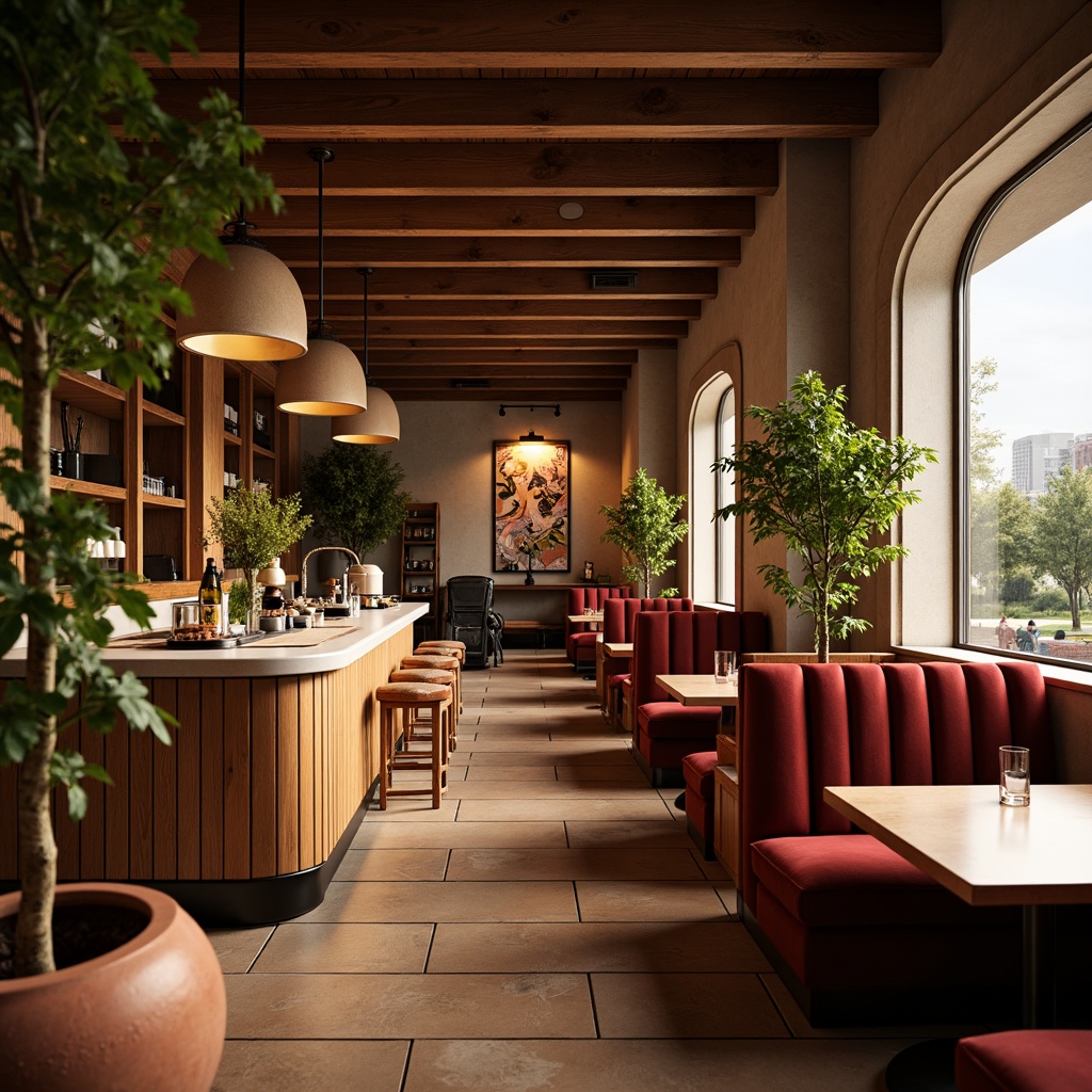 Prompt: Cozy restaurant interior, rustic wooden accents, smooth marble countertops, plush velvet upholstery, matte ceramic tiles, glossy metallic lighting fixtures, earthy terracotta planters, vibrant abstract artwork, warm golden lighting, shallow depth of field, 2/3 composition, intimate atmosphere, soft natural textures, ambient occlusion.