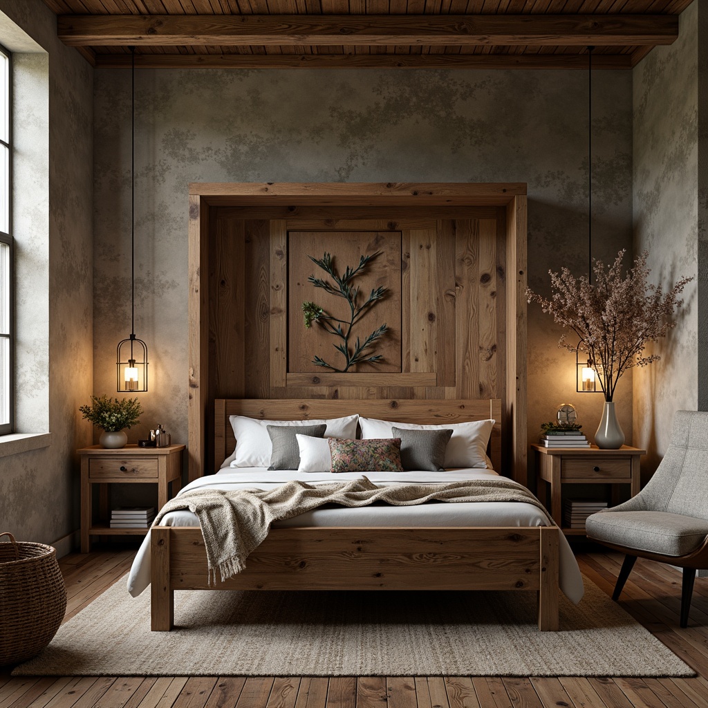 Prompt: Rustic wooden bedframe, distressed finishes, vintage metal accents, plush throw blankets, earthy color palette, natural stone walls, reclaimed wood flooring, cozy reading nook, comfortable oversized armchair, woven wicker baskets, pendant lantern lighting, soft warm candlelight, 1/2 composition, shallow depth of field, realistic textures, ambient occlusion.