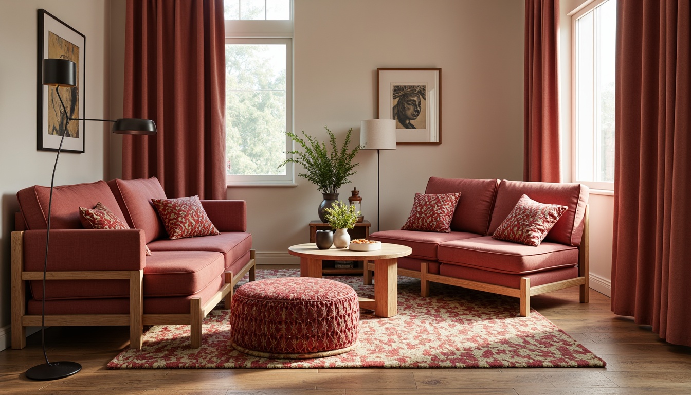 Prompt: Vibrant patterned fabrics, soft velvety textures, luxurious silk materials, richly colored woven upholstery, natural fiber rugs, intricate embroidered designs, subtle sheen finishes, modern minimalist aesthetic, Scandinavian-inspired simplicity, elegant drapery, flowing curtains, warm ambient lighting, 1/1 composition, shallow depth of field, realistic fabric simulations.