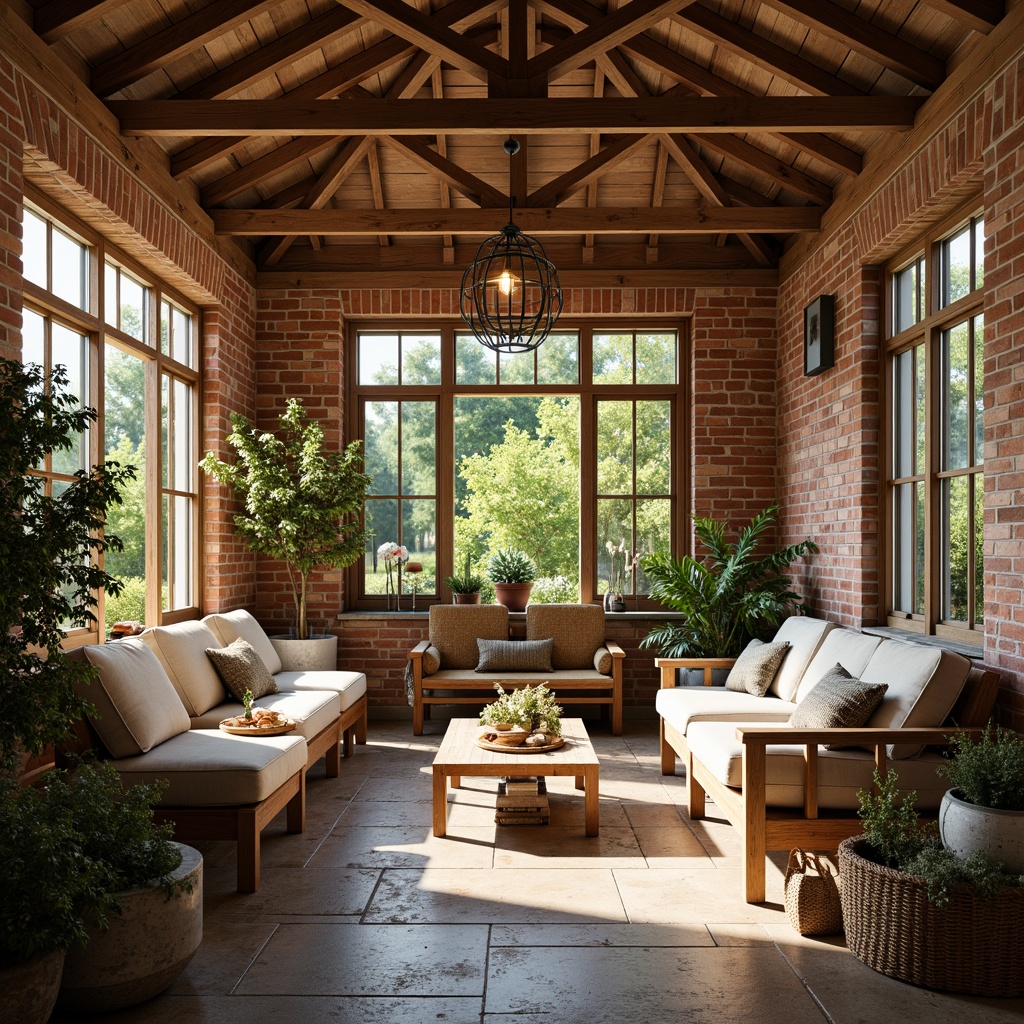 Prompt: Rustic sunroom, wooden beams, exposed brick walls, earthy color palette, natural stone flooring, distressed wood furniture, plush cushions, woven textiles, vintage decorative accents, lush greenery, flowering plants, warm sunny day, soft diffused lighting, shallow depth of field, 1/1 composition, cozy atmosphere, realistic wood grains, ambient occlusion.