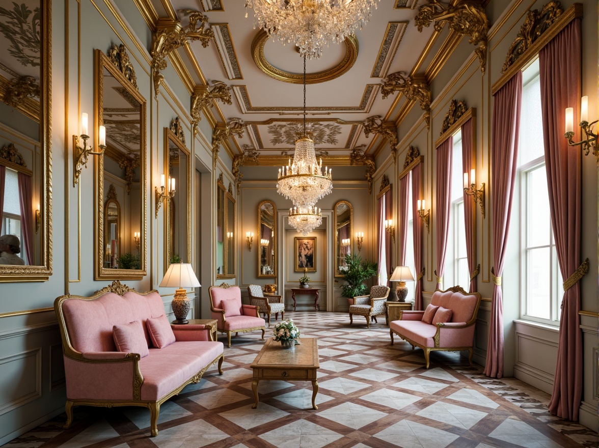 Prompt: Ornate palace, luxurious furnishings, carved wood accents, gilded details, velvet upholstery, crystal chandeliers, intricate patterns, soft pastel hues, curved lines, scalloped edges, tufted sofas, cabriole legs, ornamental mirrors, marble floors, lavish drapery, tassel trim, golden hardware, romantic ambiance, warm candlelight, shallow depth of field, 1/2 composition, soft focus, realistic textures.