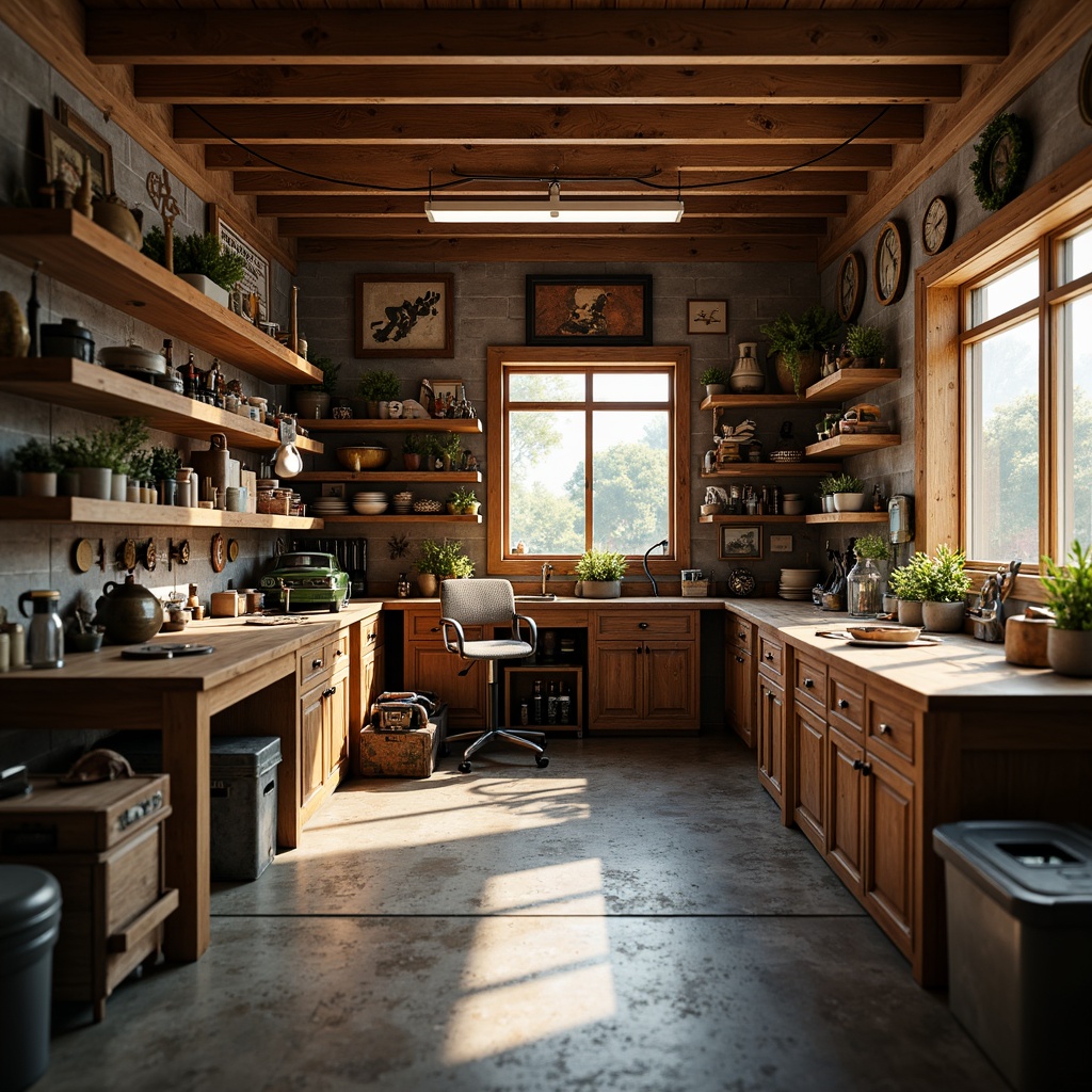 Prompt: Cozy family garage, warm lighting, wooden cabinets, metal tools, organized storage bins, vintage car models, rusty old bicycles, distressed concrete floor, industrial-style shelving units, ergonomic workbenches, adjustable task lamps, DIY projects, eclectic decor, earthy color palette, natural textures, shallow depth of field, 1/1 composition, realistic reflections.