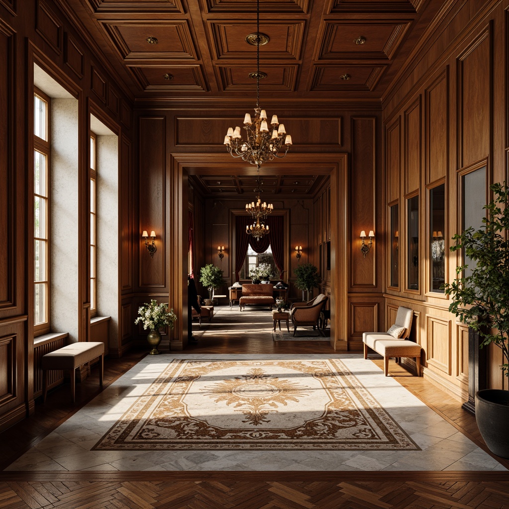 Prompt: Elegant Renaissance-style mansion, ornate stone floors, inlaid marble patterns, polished hardwood planks, richly stained wood grain, intricate parquet designs, ornamental metalwork, lavish area rugs, velvet softness, subtle sheen, warm golden lighting, soft shadows, 1/1 composition, realistic textures, ambient occlusion.