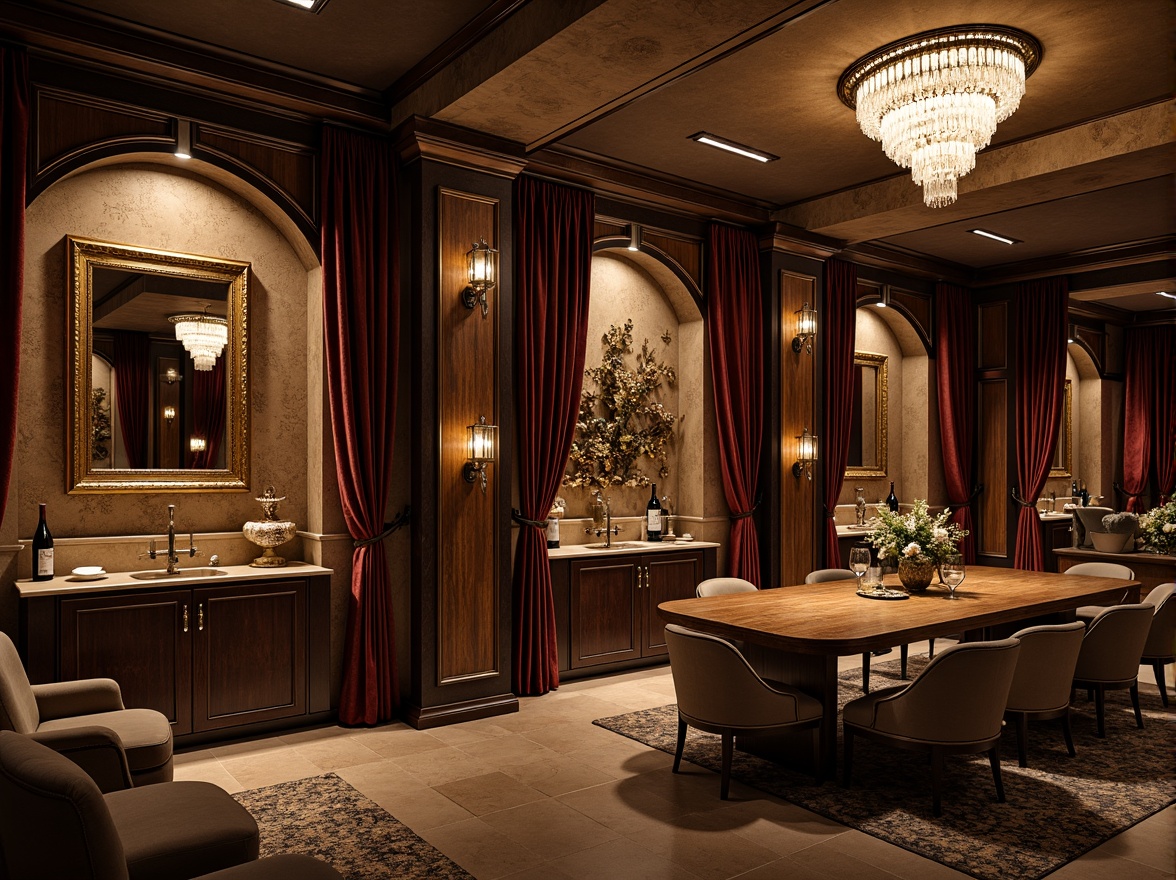 Prompt: Luxurious wine cellar, Art Deco style, textured walls, metallic accents, ornate mirrors, rich wood paneling, velvet drapes, crystal chandeliers, grand archways, lavish furnishings, antique decorative items, dim warm lighting, 1/1 composition, shallow depth of field, soft focus, detailed textures, ambient occlusion.