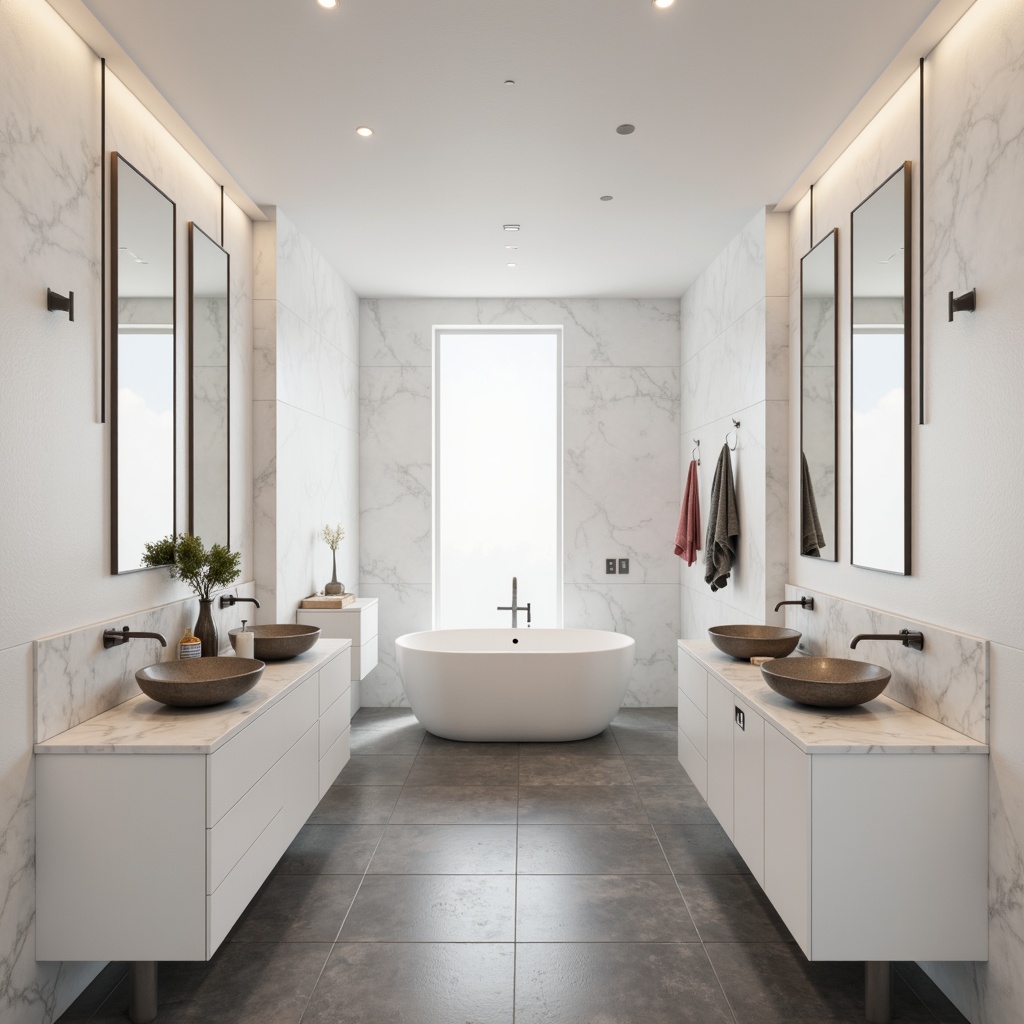 Prompt: Marble countertops, matte white walls, minimalist faucets, soft-close cabinets, warm LED lighting, subtle grey flooring, elegant wall mirrors, sleek metal accents, natural stone basins, simple geometric patterns, calm ambiance, shallow depth of field, 1/1 composition, realistic textures, ambient occlusion.