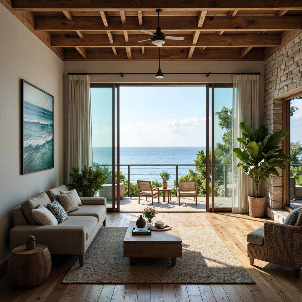 Prompt: Serene ocean views, calming wave sounds, natural wood accents, driftwood furniture, woven sea grass textiles, soft blue-green color palette, large windows, sliding glass doors, coastal-inspired artwork, nautical-themed decor, weathered metal fixtures, reclaimed wooden floors, rustic stone walls, beachy landscaping, tropical plants, sunny day, warm soft lighting, shallow depth of field, 3/4 composition, panoramic view, realistic textures, ambient occlusion.