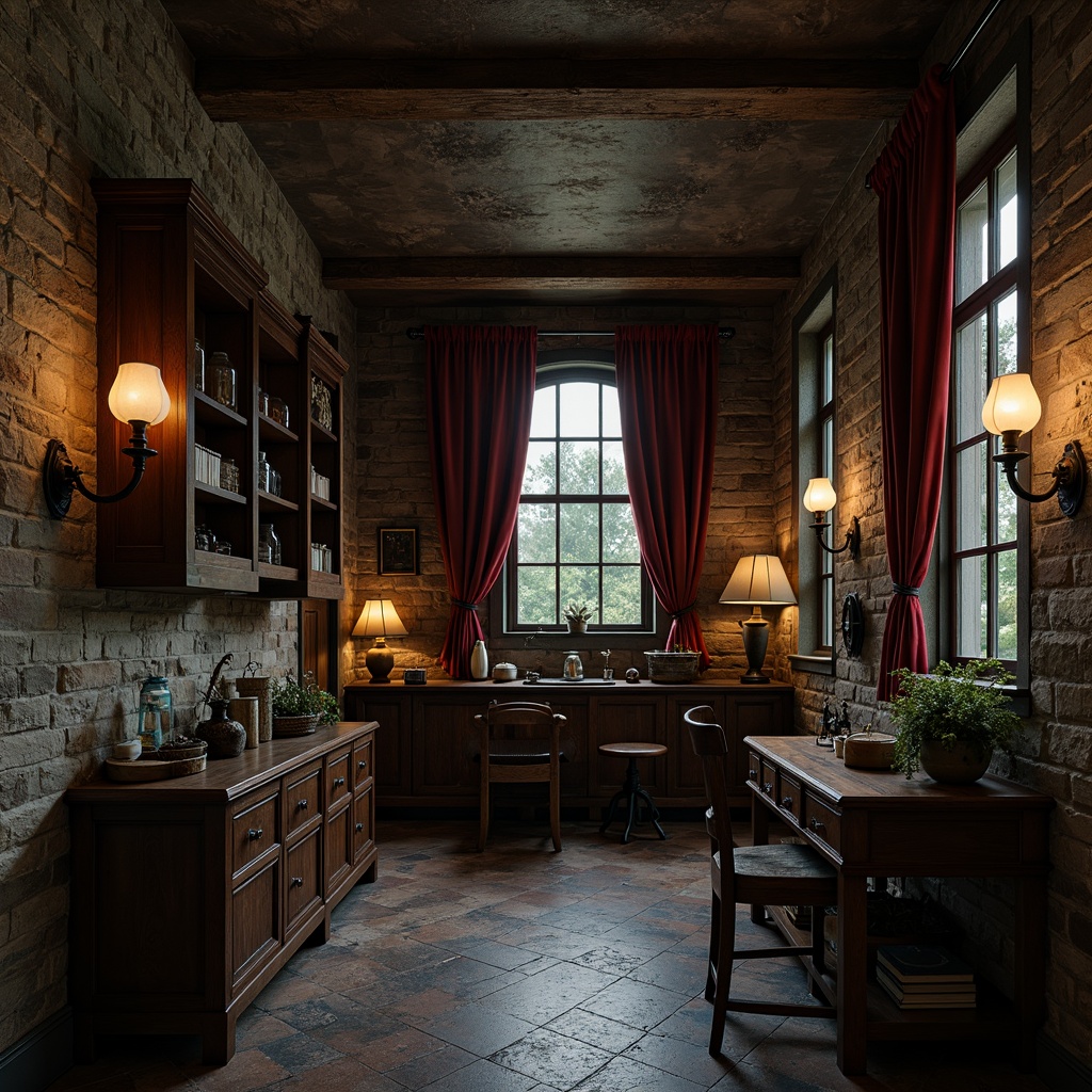 Prompt: Weathered stone walls, mysterious dark wood cabinets, ornate metal fixtures, distressed finishes, vintage apothecary jars, antique furniture, rich velvet drapes, mysterious ambiance, warm candlelight, dramatic shadows, 3/4 composition, cinematic lighting, realistic textures, ambient occlusion.