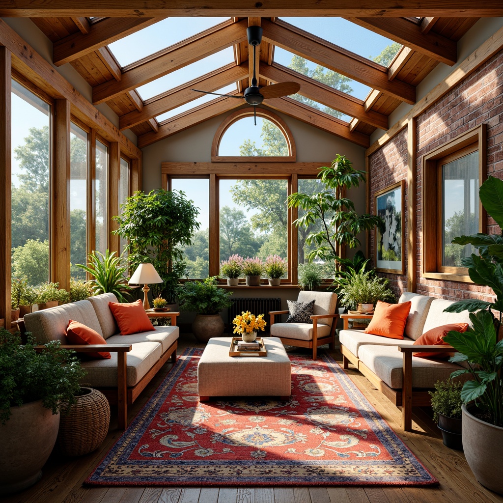 Prompt: Vibrant sunroom, eclectic style, natural light pouring in, skylight windows, wooden beams, plush furnishings, colorful throw pillows, patterned rugs, lush greenery, potted plants, rustic brick walls, distressed wood accents, cozy reading nooks, comfortable seating areas, warm earthy tones, soft warm lighting, shallow depth of field, 3/4 composition, realistic textures, ambient occlusion.