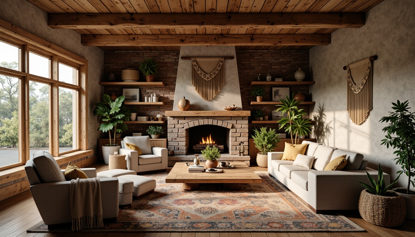 Prompt: Cozy family room, distressed wood accents, vintage furniture pieces, earthy color palette, natural stone fireplace, plush area rugs, woven baskets, macrame wall hangings, soft warm lighting, layered textiles, chunky throw blankets, rustic wooden beams, exposed brick walls, comfortable oversized armchairs, greenery filled planters, morning sunlight, shallow depth of field, 2/3 composition, inviting atmosphere, realistic textures.