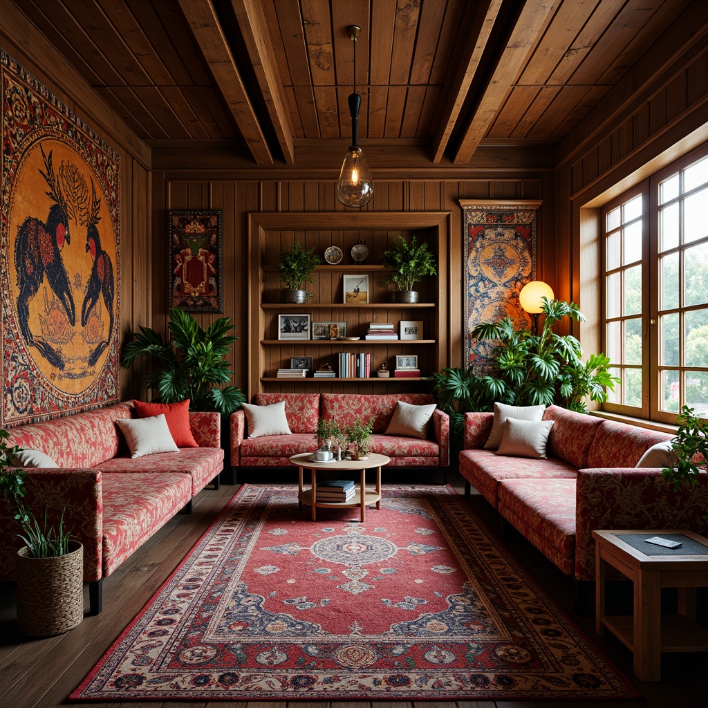 Prompt: Richly patterned upholstery, velvety soft couches, intricately woven rugs, luxurious silk fabrics, vibrant colorful throws, ornate tapestries, distressed denim textures, eclectic mix of patterns, bohemian-inspired decor, cozy reading nooks, warm golden lighting, shallow depth of field, 3/4 composition, realistic renderings, ambient occlusion.