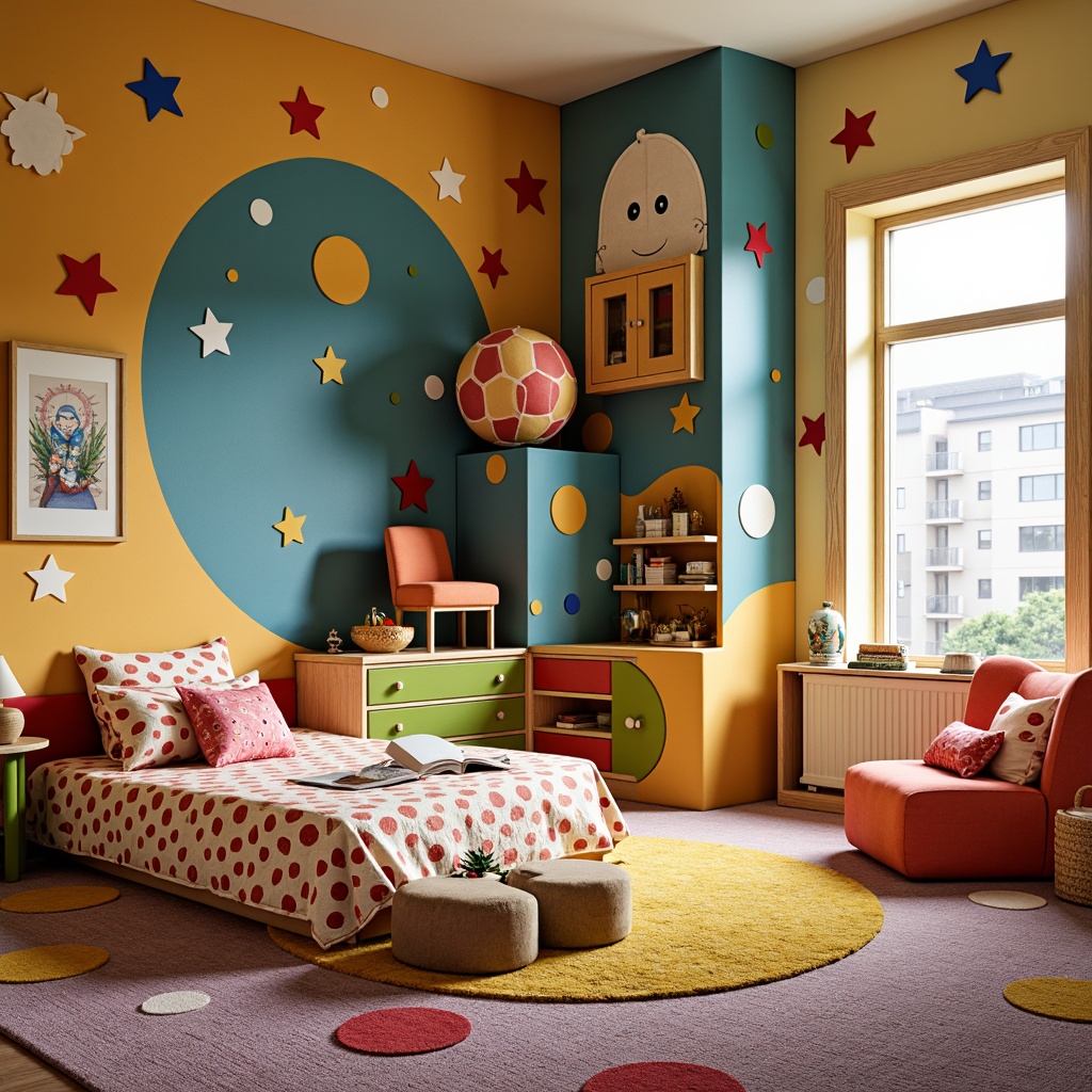 Prompt: Vibrant kids' room, playful furniture design, postmodern style, bold color schemes, whimsical patterns, eclectic accessories, curved lines, irregular shapes, oversized decorations, fantasy-inspired artwork, imaginary creatures, interactive playsets, cozy reading nooks, plush carpets, soft warm lighting, 1/1 composition, shallow depth of field, realistic textures, ambient occlusion.