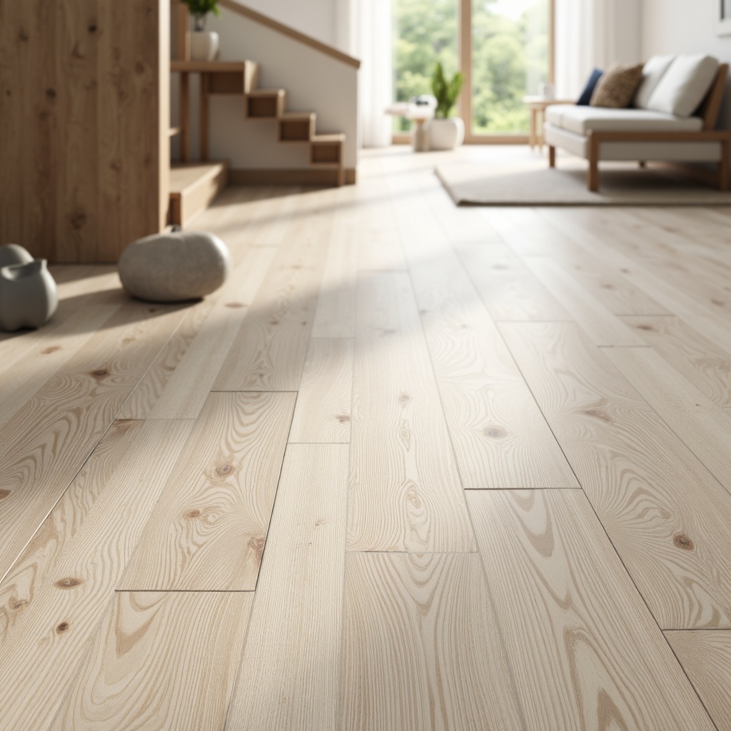 Prompt: Light-wooden flooring, oak wood planks, bleached wooden boards, minimalist aesthetic, Nordic-inspired design, natural texture, matte finish, soft warm lighting, shallow depth of field, 1/1 composition, realistic render, ambient occlusion, Scandinavian-style decor, cozy atmosphere, neutral color palette, clean lines, simple shapes, functional layout.