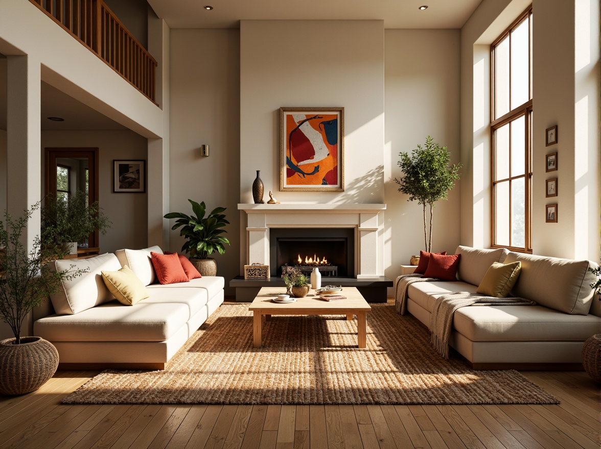 Prompt: Cozy living room, plush throw pillows, soft velvet sofas, woven wool rugs, natural fiber upholstery, warm beige walls, wooden floorboards, modern minimalist decor, oversized windows, abundant natural light, gentle warm ambiance, shallow depth of field, 1/1 composition, realistic textures, ambient occlusion, vibrant colorful patterns, intricate geometric motifs.