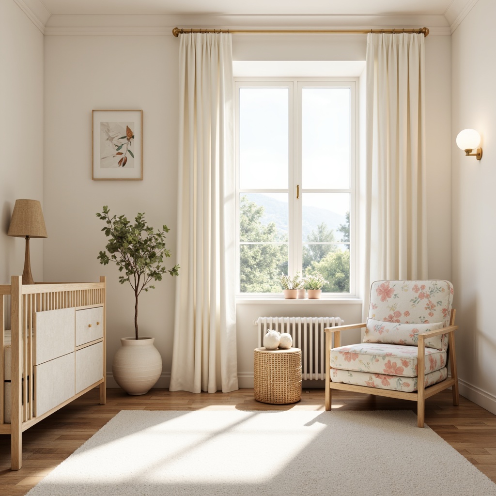 Prompt: Soft pastel nursery, gentle cream walls, warm beige furniture, pale blue accents, delicate floral patterns, tender peach tones, creamy whites, subtle wood textures, natural light pouring in, airy atmosphere, minimalist decor, simple shapes, soft focus, shallow depth of field, 1/1 composition, realistic rendering.