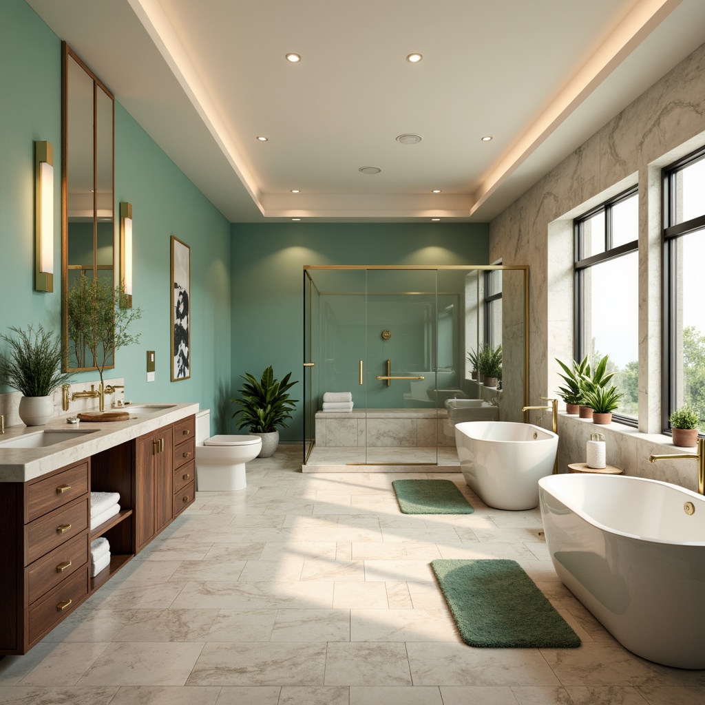 Prompt: Luxurious bathroom, soft warm lighting, creamy white marble countertops, polished chrome fixtures, calming turquoise walls, rich walnut cabinets, spa-inspired ambiance, natural stone flooring, sleek glass shower doors, modern freestanding tubs, plush bath mats, refreshing mint green accents, warm beige tones, elegant gold hardware, sophisticated monochromatic scheme, harmonious color balance, 1/1 composition, shallow depth of field, realistic textures.