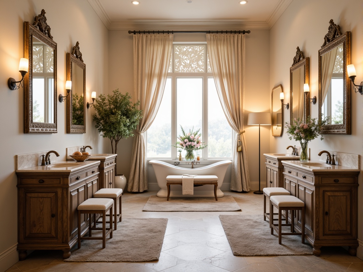 Prompt: Elegant powder room, soft warm lighting, ornate mirrors, luxurious vanities, marble countertops, decorative faucets, plush area rugs, comfortable velvet stools, antique wooden cabinets, delicate lace curtains, feminine accents, pastel color palette, subtle patterns, refined textures, natural stone floors, spa-like ambiance, serene atmosphere.