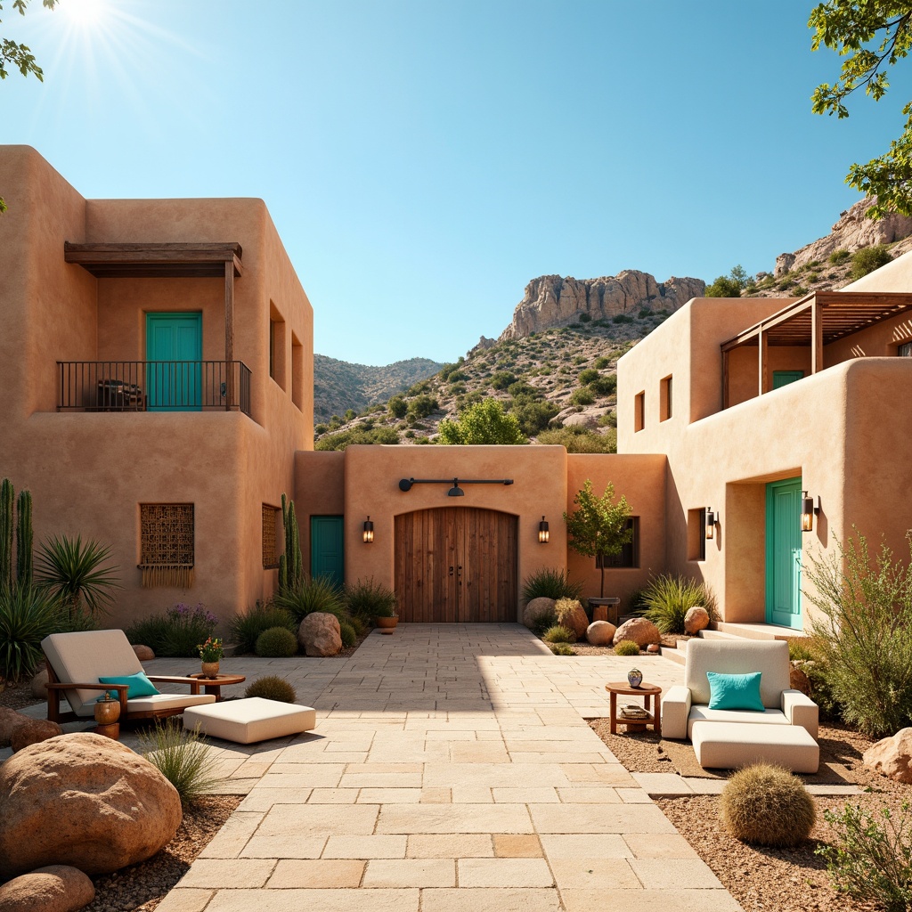 Prompt: Vibrant adobe architecture, turquoise accents, earthy terracotta hues, sandy beige walls, rustic wooden doors, woven textile patterns, cacti silhouettes, desert landscape, clear blue skies, warm sunny day, soft gentle lighting, shallow depth of field, 3/4 composition, panoramic view, realistic textures, ambient occlusion.