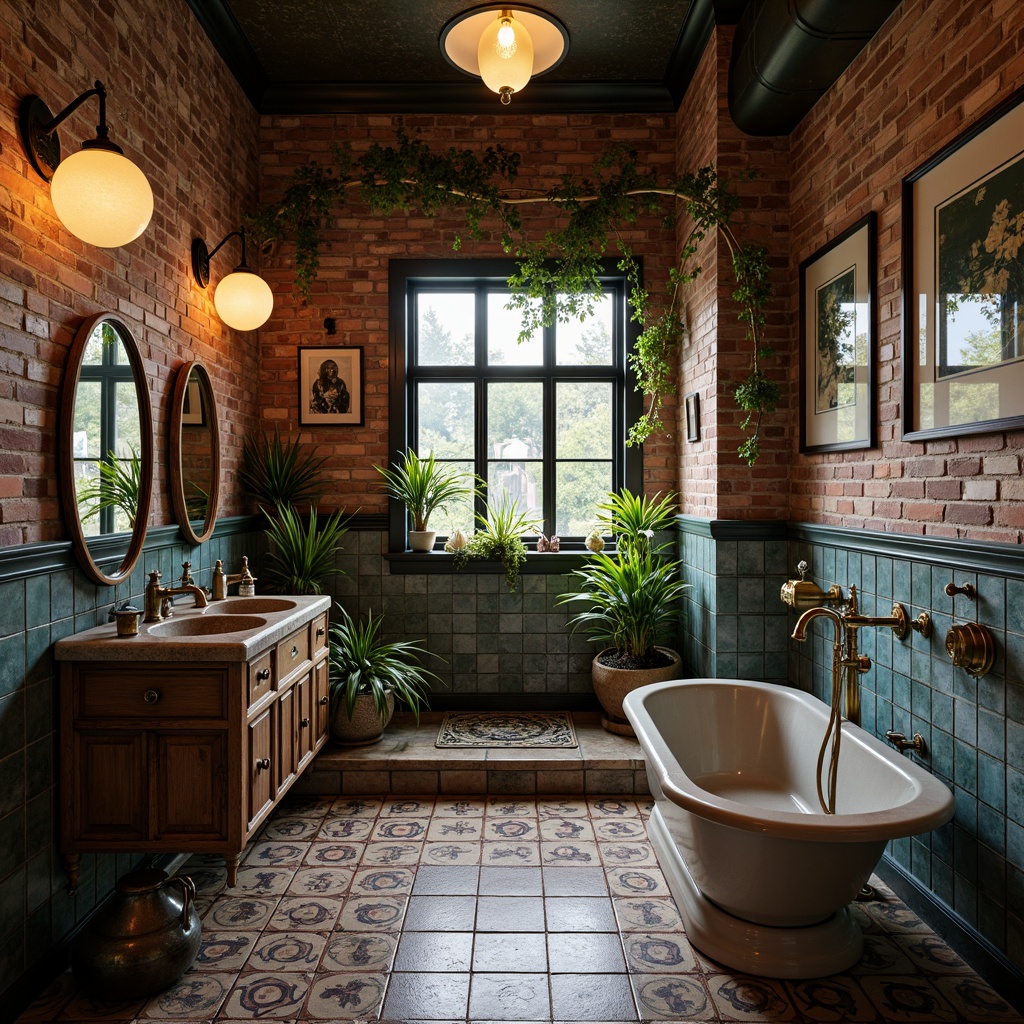 Prompt: Whimsical eclectic bathroom, vintage fixtures, ornate metalwork, distressed wood cabinets, eclectic tile patterns, bold color schemes, freestanding tubs, antique brass faucets, industrial chic lighting, exposed brick walls, natural stone floors, tropical plants, soft warm ambiance, dramatic shadows, 1/2 composition, moody atmospheric lighting, realistic textures, ambient occlusion.