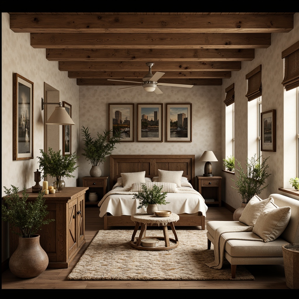 Prompt: Rustic farmhouse interior, vintage wooden accents, earthy tones, natural materials, exposed brick walls, reclaimed wood beams, soft cream colors, warm beige hues, muted greenery, antique metal fixtures, distressed finishes, cozy textiles, plush throw blankets, warm candlelight, shallow depth of field, 1/1 composition, realistic textures, ambient occlusion.