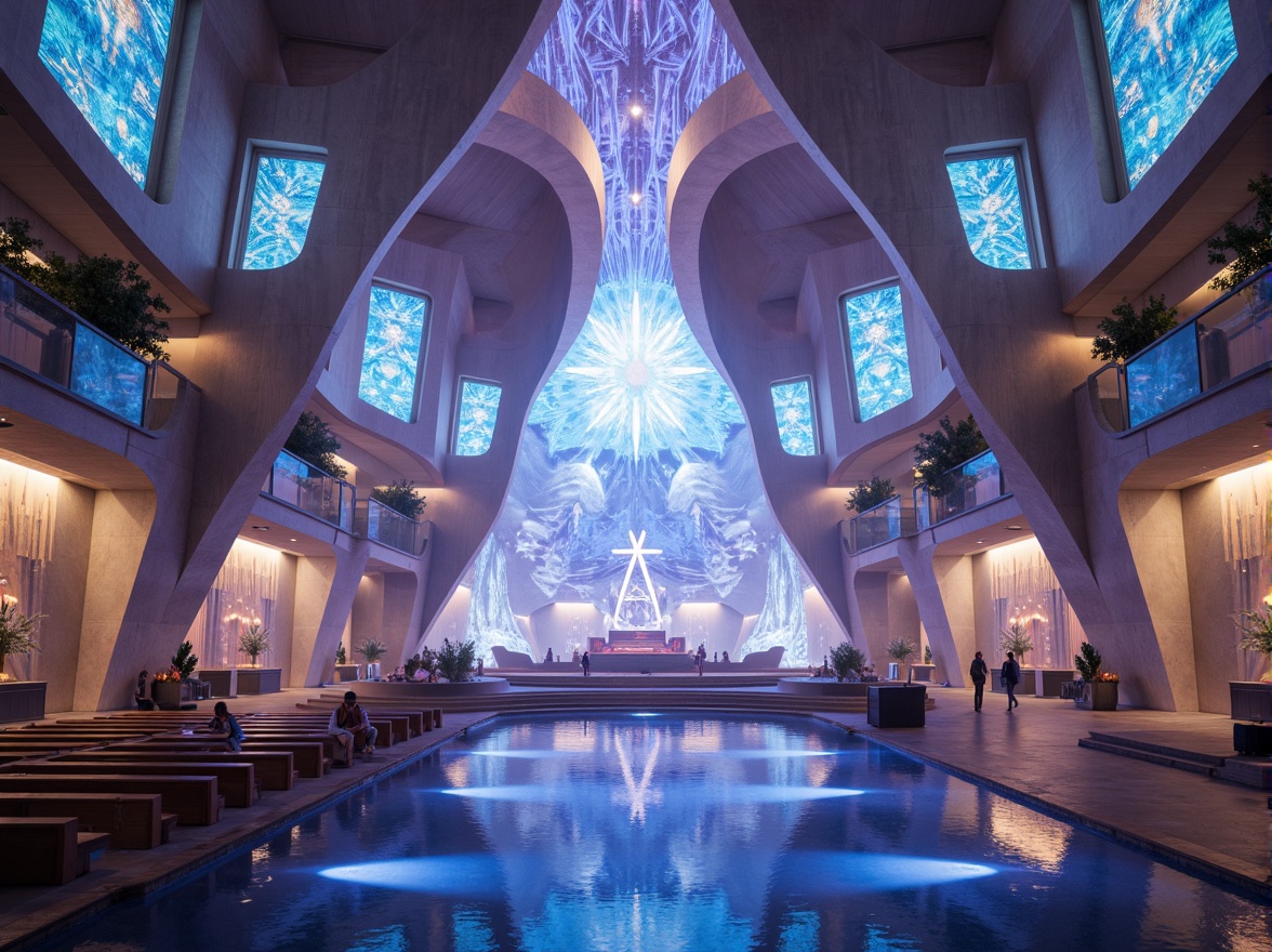 Prompt: Ethereal church interior, sweeping curves, futuristic architecture, iridescent stained glass windows, holographic projections, neon-lit altars, levitating pulpits, orbiting chandeliers, gravitational defying staircases, infinity pool reflections, atmospheric fog effects, misty ambiance, ambient Occlusion, shallow depth of field, 3/4 composition, panoramic view, realistic textures, vibrant luminescent colors, futuristic materials, cyberpunk accents, sacred geometry patterns, holographic crucifixes, otherworldly lighting.