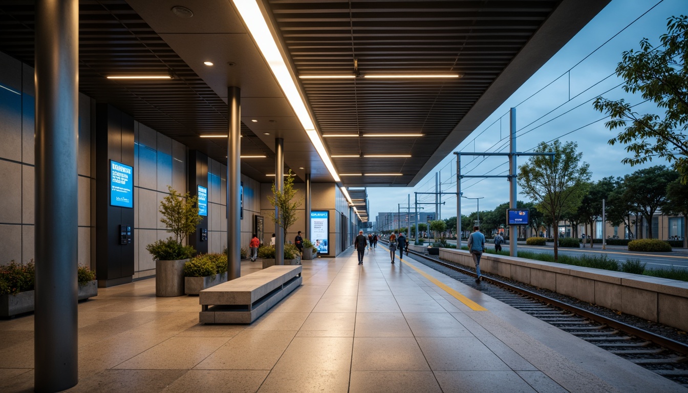 Prompt: Modern train station interior, sleek metal pillars, granite flooring, gentle warm lighting, suspended ceilings, LED light strips, minimalist benches, electronic display boards, departure information screens, stainless steel handrails, subtle ambient glow, 1/2 composition, shallow depth of field, soft focus effect, realistic textures, subtle color grading.Please let me know if this meets your requirements.