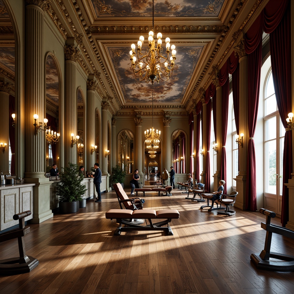 Prompt: Elegant home gym, neoclassical columns, ornate mirrors, luxurious chandeliers, rich wood flooring, velvet drapes, antique exercise equipment, vintage weightlifting machines, distressed leather benches, fresco ceiling murals, crystal glass doors, marble countertops, soft warm lighting, subtle shadows, 1/1 composition, symmetrical framing, realistic textures, ambient occlusion.