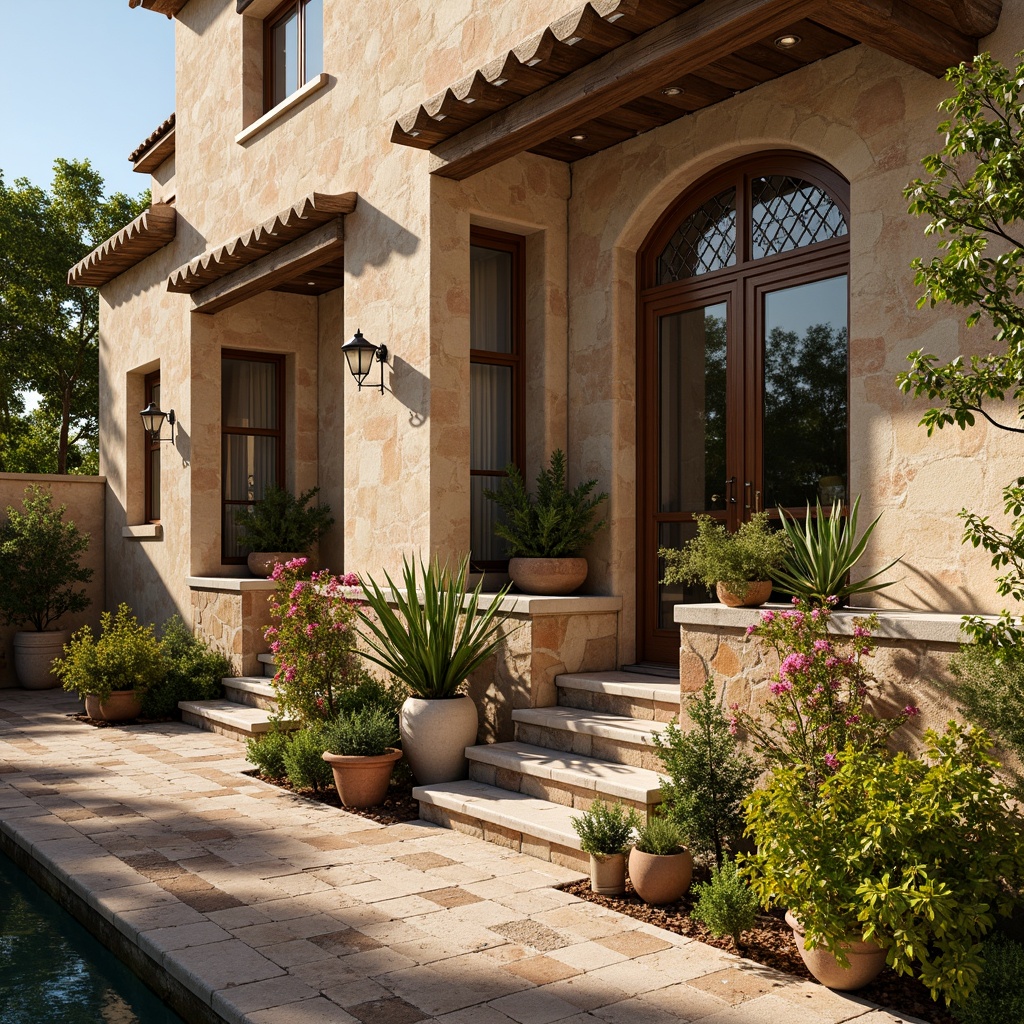 Prompt: Warm Mediterranean villa, rustic stone walls, distressed wood accents, ornate ironwork, colorful ceramic tiles, textured stucco finishes, soft arched windows, decorative shutters, lush greenery, blooming flowers, sunny day, warm golden lighting, shallow depth of field, 1/2 composition, realistic textures, ambient occlusion.