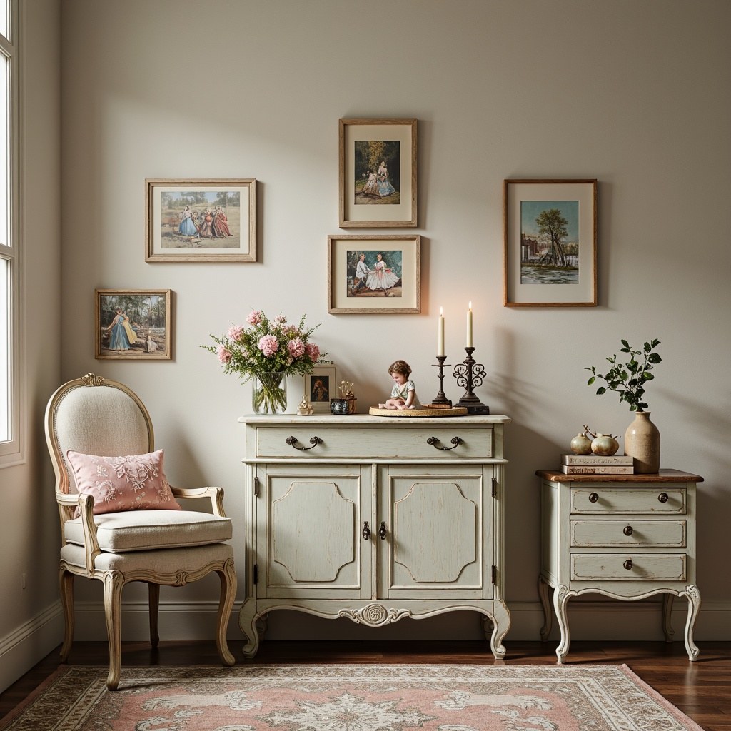 Prompt: Softly distressed furniture, vintage decor, feminine accents, pastel hues, muted florals, warm beige, creamy whites, gentle pinks, pale blues, soft sage greens, rustic wood tones, ornate metal details, delicate lace patterns, romantic candlelight, natural textures, whimsical illustrations, distressed finishes, 3/4 composition, warm lighting, shallow depth of field.