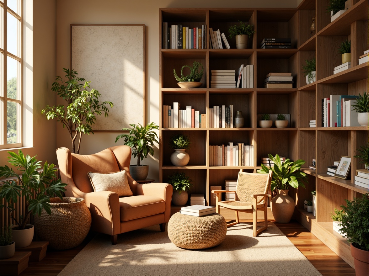 Prompt: Cozy reading nook, warm golden lighting, plush velvet armchair, soft pastel colors, calming beige walls, rich walnut wood accents, vintage bookshelves, comfortable oversized pillows, natural fiber rugs, earthy terracotta pots, lush greenery, serene atmosphere, 1/1 composition, shallow depth of field, warm soft focus.