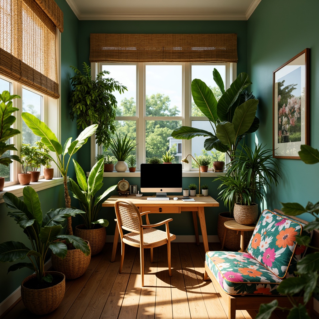 Prompt: Tropical home office, lush greenery, exotic plants, natural wood desk, woven rattan chair, bright colorful textiles, vibrant floral patterns, warm sunny day, soft diffused lighting, shallow depth of field, 1/2 composition, realistic textures, ambient occlusion, wooden floorboards, woven bamboo blinds, potted palm trees, ferns, orchids, peace lily, snake plants, spider plants, aloe vera, cacti, succulents.